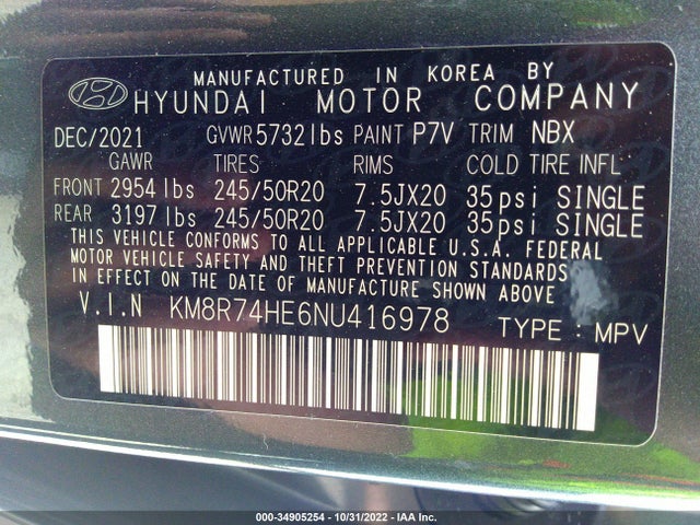 2022 Hyundai Palisade, VIN: KM8R74HE6NU416978
