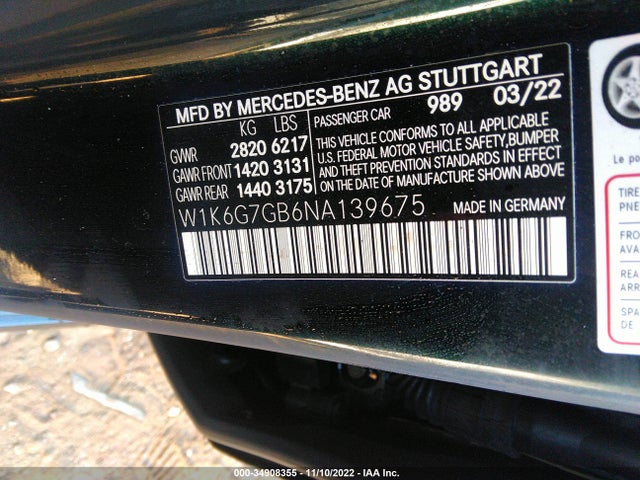 2022 Mercedes-Benz S-Class, VIN: W1K6G7GB6NA139675