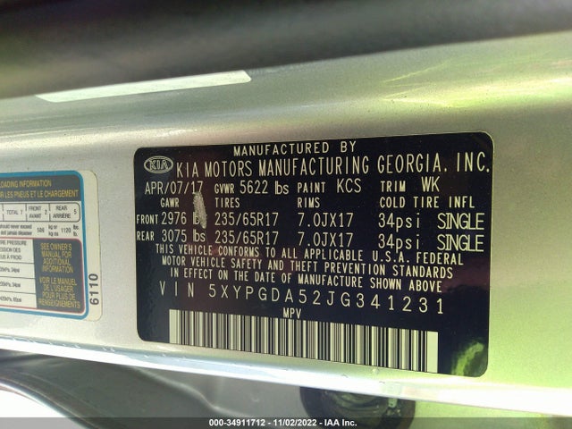 2018 Kia Sorento, VIN: 5XYPGDA52JG341231