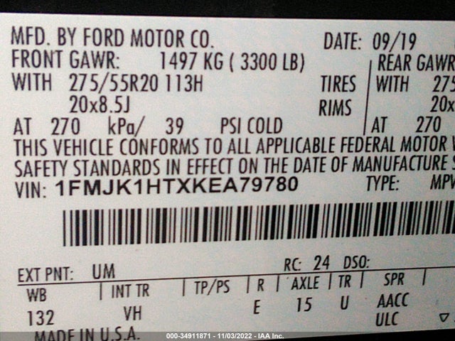 2019 FORD EXPEDITION MAX XLT VIN: 1FMJK1HTXKEA79780