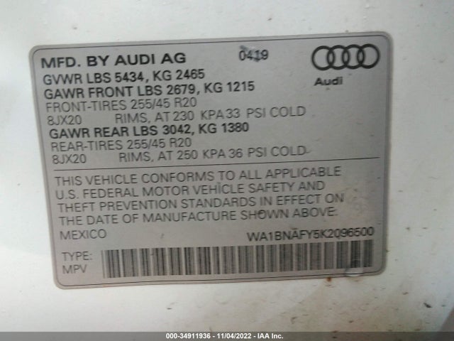 WA1BNAFY5K2096500 Audi Q5 Premium Plus