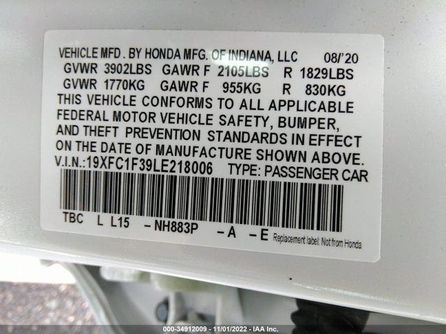 2020 HONDA CIVIC SEDAN EX VIN: 19XFC1F39LE218006