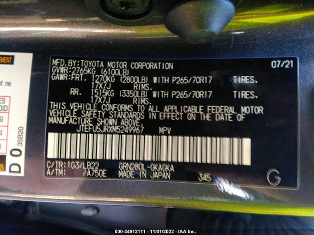 2021 Toyota 4Runner, VIN: JTEFU5JRXM5249967