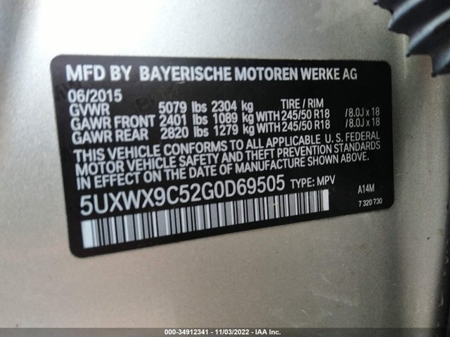 2016 BMW X3, VIN: 5UXWX9C52G0D69505