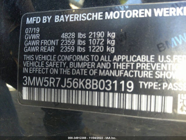 2019 BMW 3 Series, VIN: 3MW5R7J56K8B03119