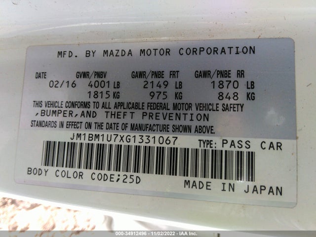 2016 MAZDA MAZDA3 I SPORT VIN: JM1BM1U7XG1331067