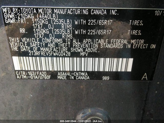 Toyota Rav4 Xle 2015 2T3RFREV5FW400428 Image 9