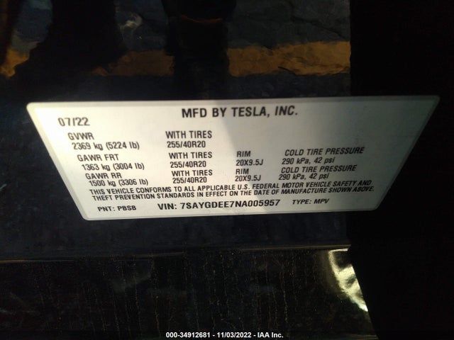 Tesla Model Y Long Range 2022 7SAYGDEE7NA005957 Image 10