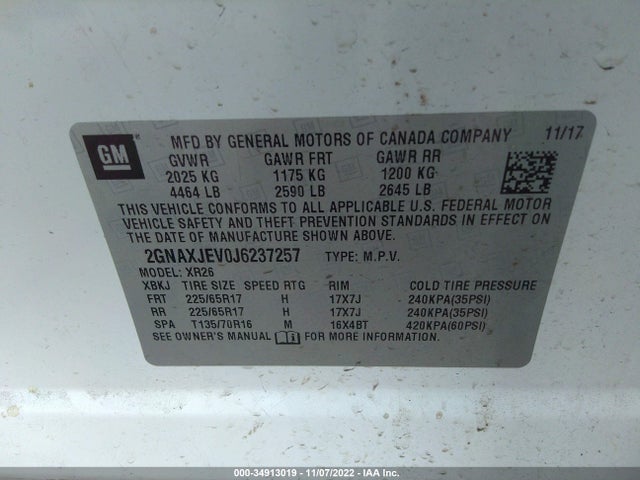2018 Chevrolet Equinox, VIN: 2GNAXJEV0J6237257