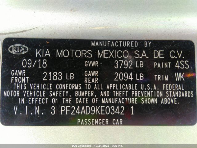 3KPF24AD9KE034221 KIA Forte Lxs