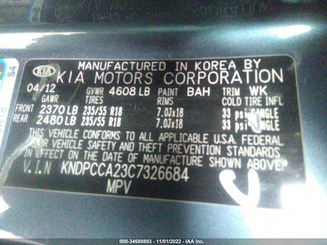 2012 KIA SPORTAGE EX VIN: KNDPCCA23C7326684