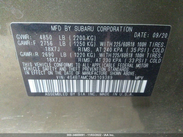 2021 Subaru Outback, VIN: 4S4BTAMC2M3109389