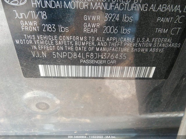 2018 HYUNDAI ELANTRA SEL VIN: 5NPD84LF8JH376435