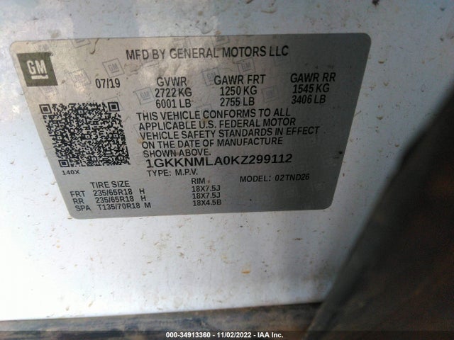 GMC ACADIA SLT 2019 1GKKNMLA0KZ299112 Image 10