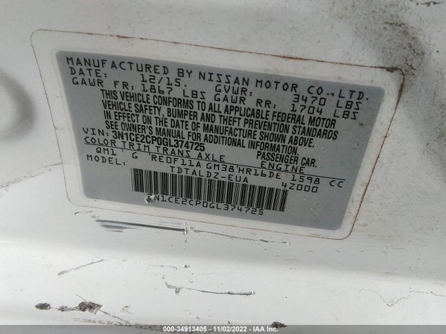 2016 NISSAN VERSA NOTE S/S PLUS/SV/SR/SL VIN: 3N1CE2CP0GL374725