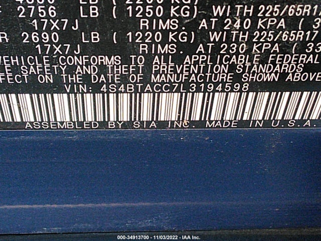 2020 Subaru Outback, VIN: 4S4BTACC7L3194598