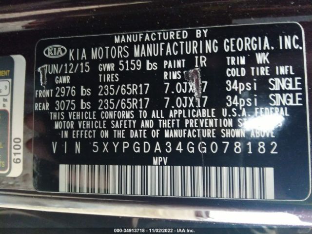 5XYPGDA34GG078182 KIA SORENTO LX