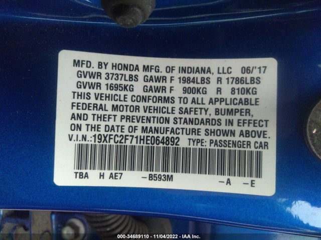 2017 HONDA CIVIC SEDAN EX VIN: 19XFC2F71HE064892