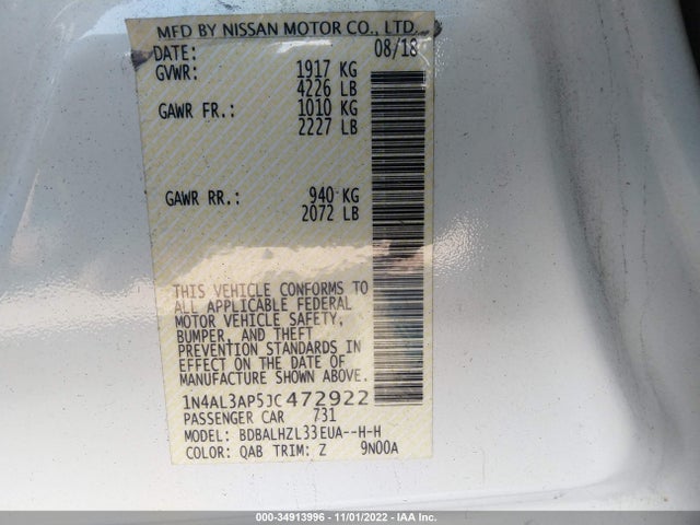 2018 NISSAN ALTIMA 2.5 SR VIN: 1N4AL3AP5JC472922