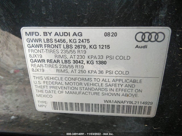 2020 AUDI Q5 PREMIUM/TITANIUM PREMIUM VIN: WA1ANAFY9L2114929