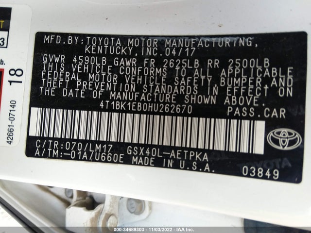 2017 Toyota Avalon, VIN: 4T1BK1EB0HU262670
