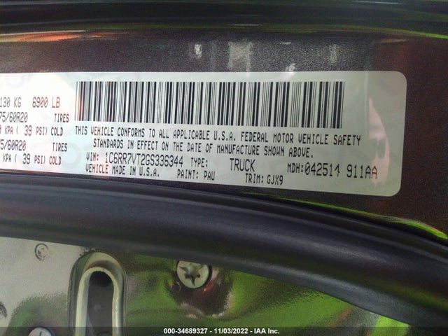 2016 RAM 1500 LARAMIE VIN: 1C6RR7VT2GS336344