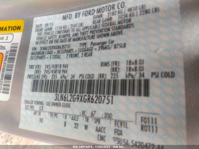 Lincoln MKZ 2016 3LN6L2G9XGR620751 Image 11