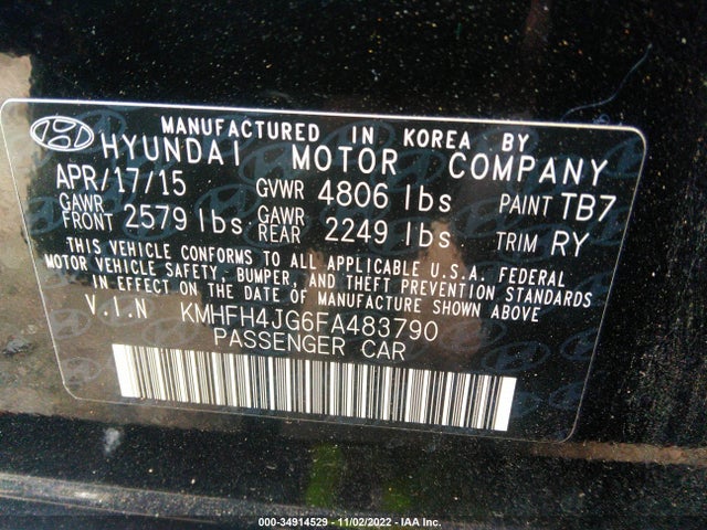 2015 Hyundai Azera, VIN: KMHFH4JG6FA483790
