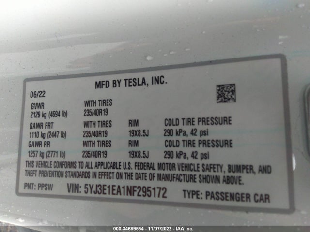 Tesla MODEL 3 2022 5YJ3E1EA1NF295172 Image 9
