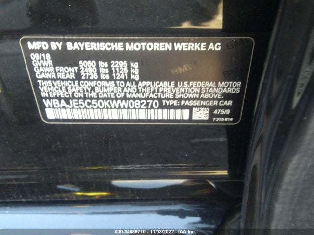 2019 BMW 5 Series, VIN: WBAJE5C50KWW08270