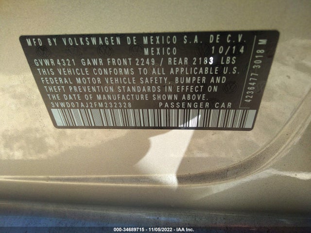 Volkswagen JETTA SEDAN 2015 3VWD07AJ2FM232328 Image 10