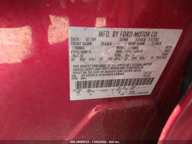 2010 FORD EDGE SEL VIN: 2FMDK3JC9ABA12844