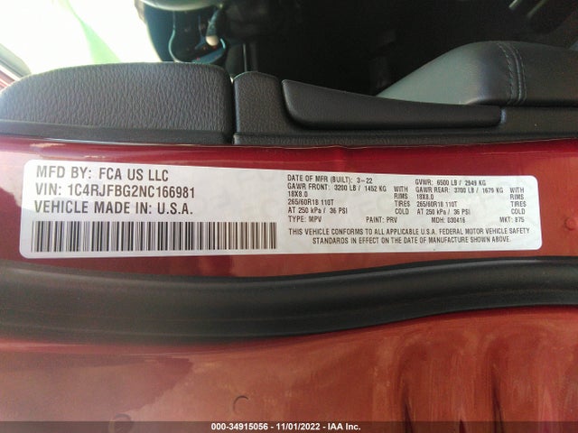 1C4RJFBG2NC166981 Jeep Grand Cherokee Wk Limited