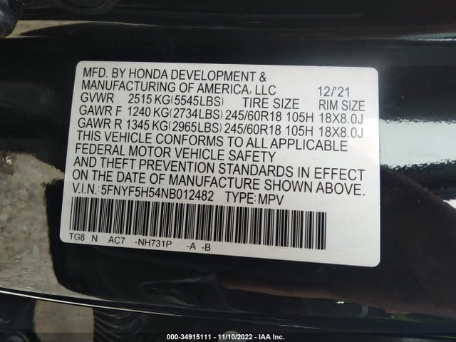 2022 Honda Pilot, VIN: 5FNYF5H54NB012482