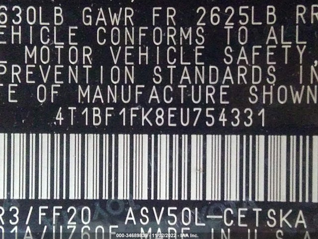 2014 TOYOTA CAMRY L/LE/XLE/SE/SE SPORT VIN: 4T1BF1FK8EU754331