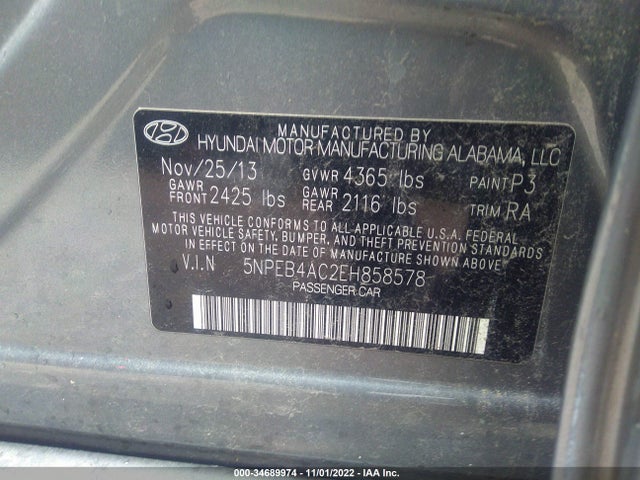 2014 HYUNDAI SONATA GLS VIN: 5NPEB4AC2EH858578