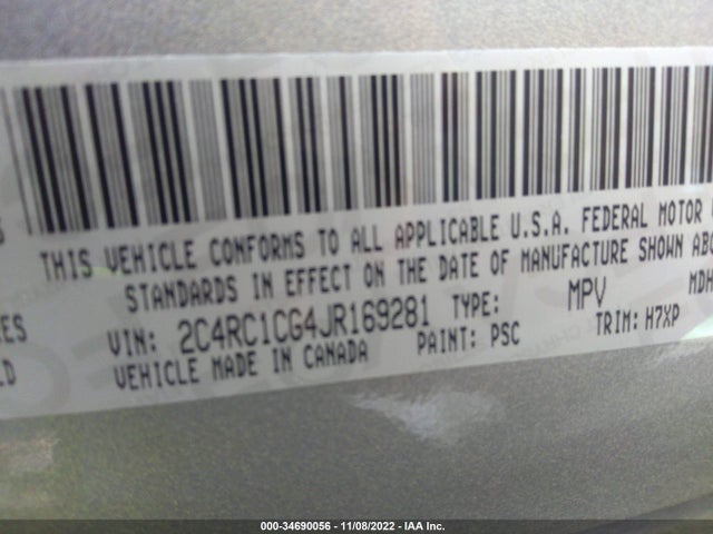 2C4RC1CG4JR169281 Chrysler Pacifica Lx