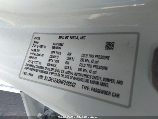 Tesla MODEL 3 2022 5YJ3E1EA5NF248842 Image 10