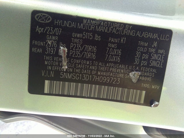 2007 HYUNDAI SANTA FE GLS VIN: 5NMSG13D17H099723