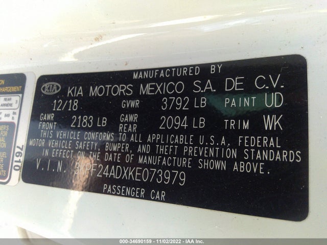 2019 KIA FORTE LXS VIN: 3KPF24ADXKE073979