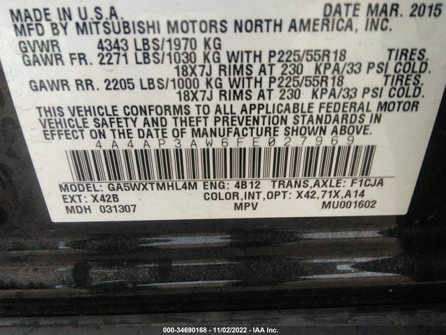 2015 MITSUBISHI OUTLANDER SPORT 2.4 ES VIN: 4A4AP3AW6FE027969
