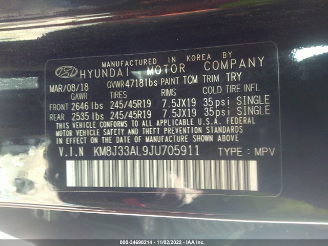 2018 Hyundai Tucson, VIN: KM8J33AL9JU705911
