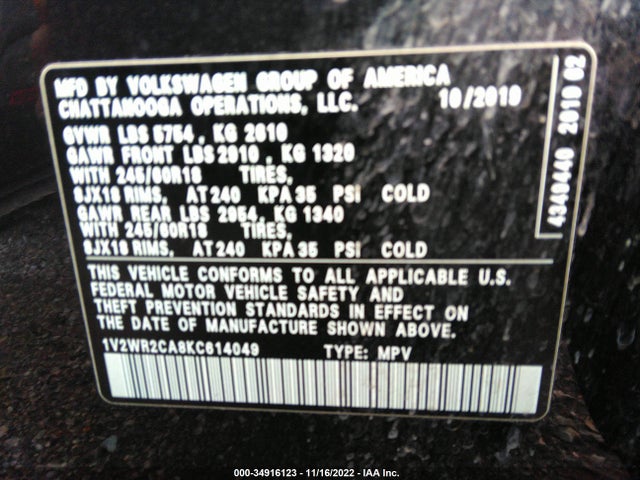 2019 Volkswagen Atlas, VIN: 1V2WR2CA8KC614049