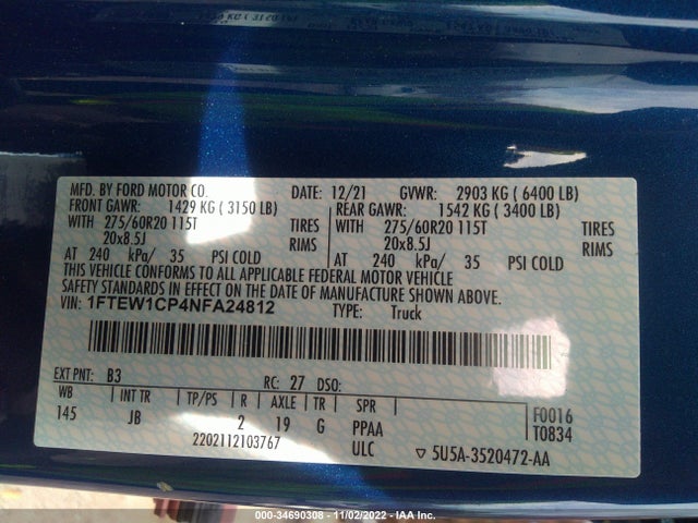 2022 FORD F-150 XL/XLT/LARIAT VIN: 1FTEW1CP4NFA24812