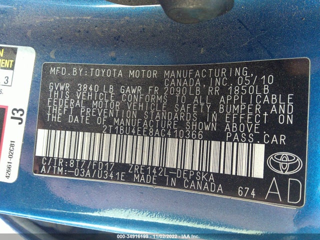 2010 TOYOTA COROLLA VIN: 2T1BU4EE8AC410366