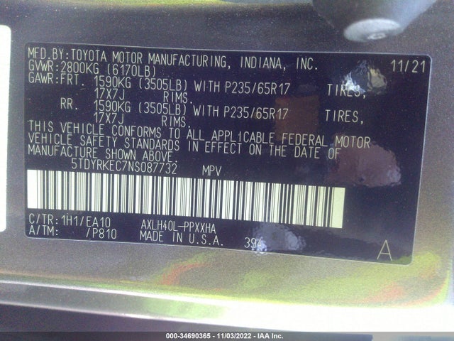 2022 Toyota Sienna, VIN: 5TDYRKEC7NS087732