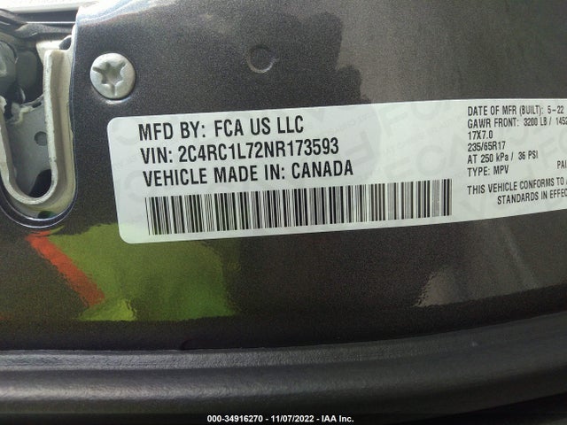 2022 Chrysler Pacifica Hybrid, VIN: 2C4RC1L72NR173593