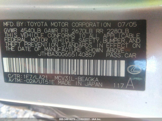 Lexus ES 330 2005 JTHBA30G655140857 Image 10
