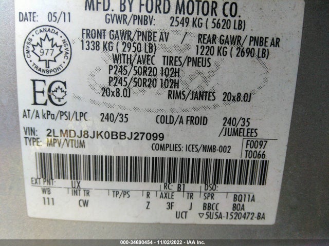 Lincoln MKX 2011 2LMDJ8JK0BBJ27099 Image 10