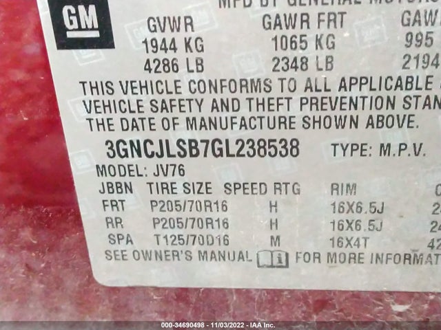 2016 Chevrolet Trax, VIN: 3GNCJLSB7GL238538
